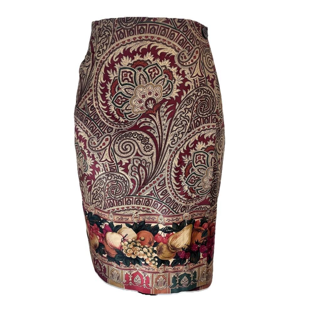 Vintage Brooks Brothers Wrap Skirt size 6 Paisley Red Green Fruit Luxury Career